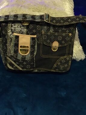 Designer-Style Black Monogram Messenger Bag with Gold Accents